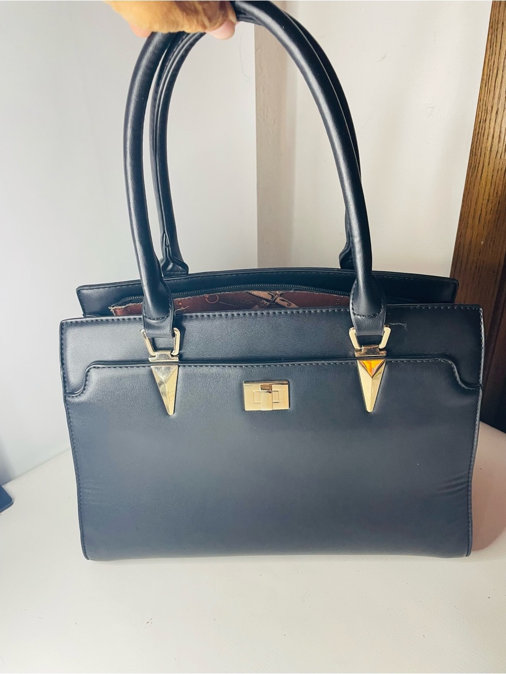 Classic Black Structured Tote Handbag Faux Leather Gold Tone Hardware